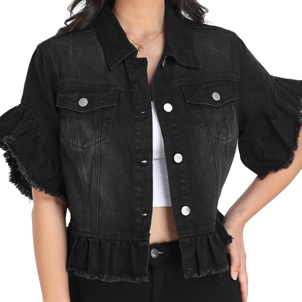 Women's Denim Jacket Ruffle Sleeve Button Down Distressed Cropped Jean Jackets - Picture 5 of 7
